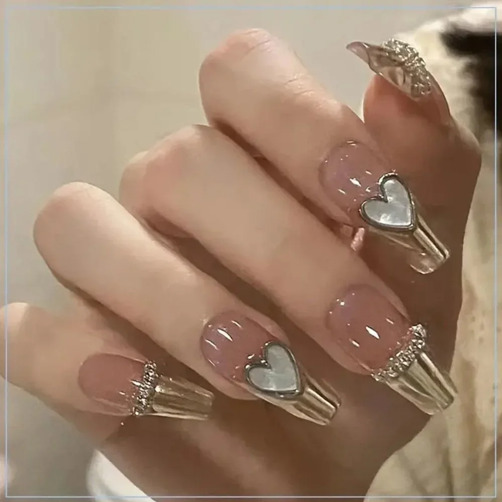 NWT Press On Nails French 3D Hearts & Rhinestone Coffin Fake Nails